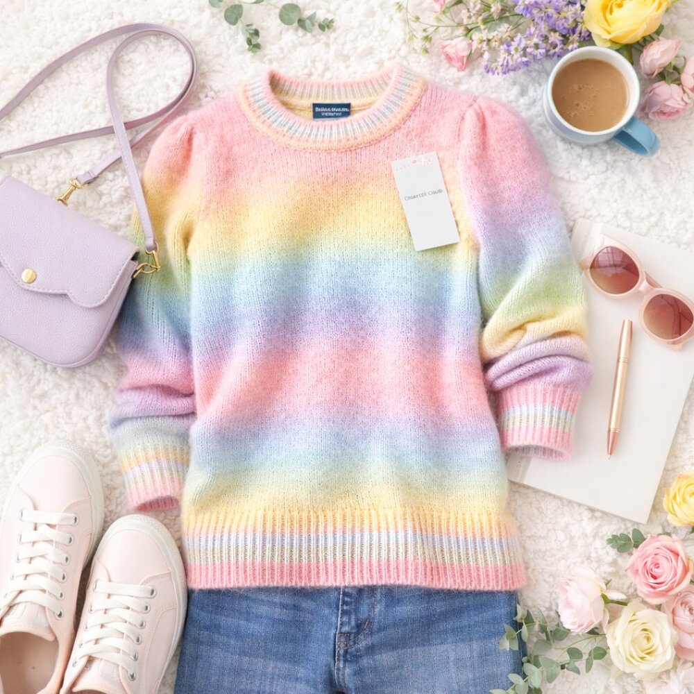 Charter Club Petite Ombre Sweater PS NWT Pastel Rainbow Knit Crewneck Soft Color